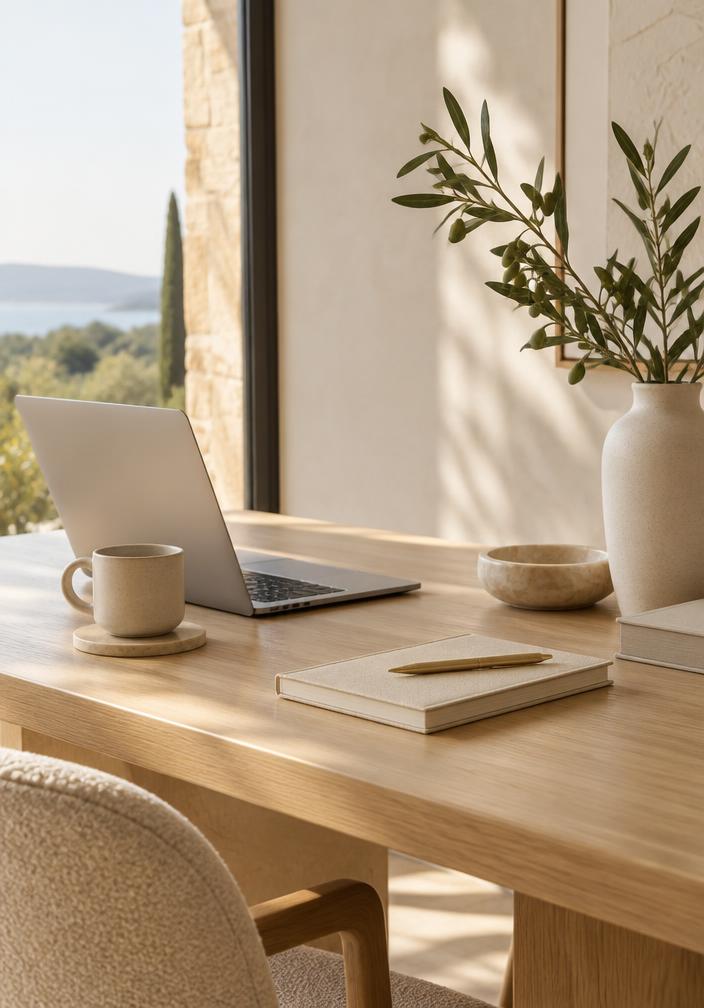 Sonniger Arbeitsplatz mit Laptop und Olivenzweigen